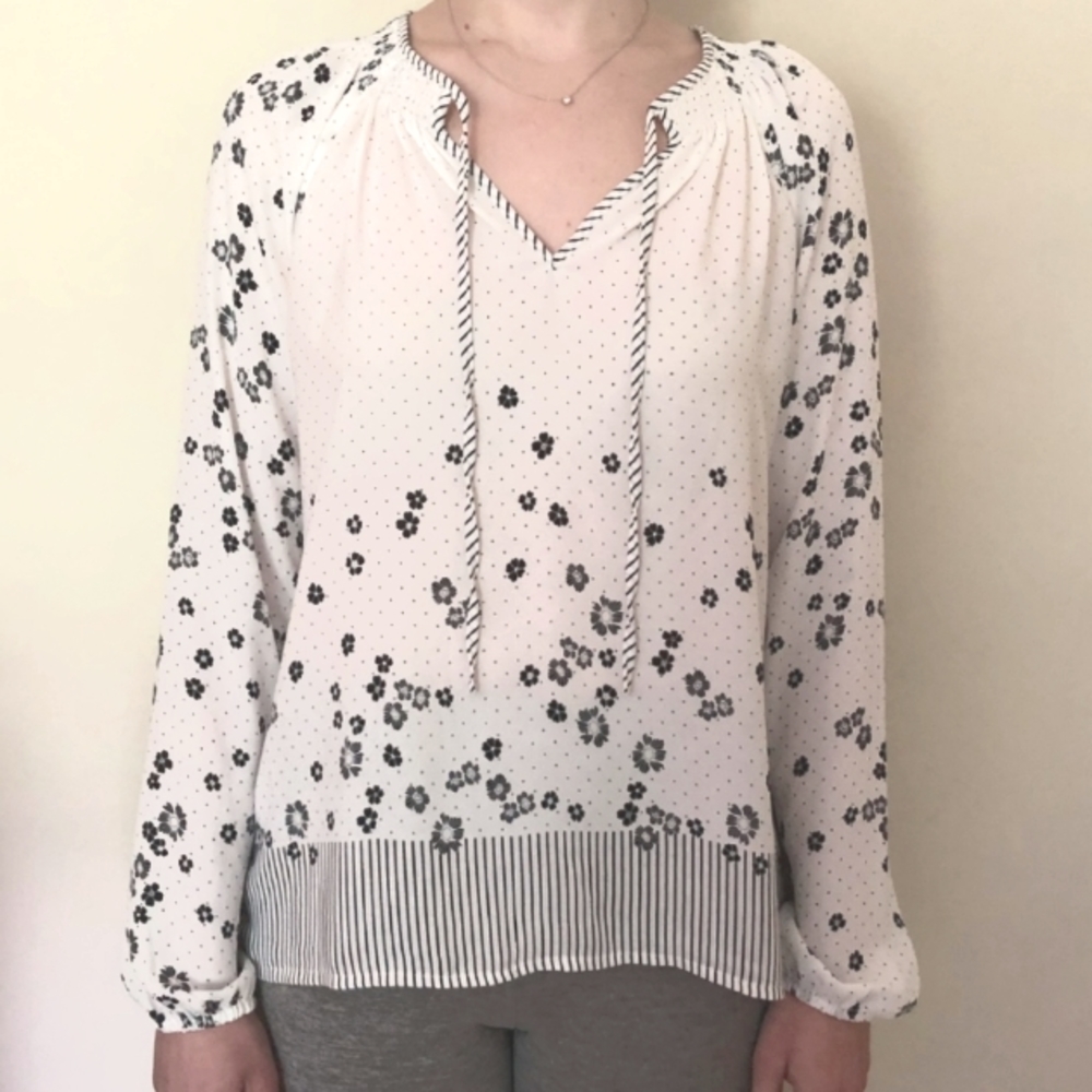 Gap White & Black Floral Print Peasant Top